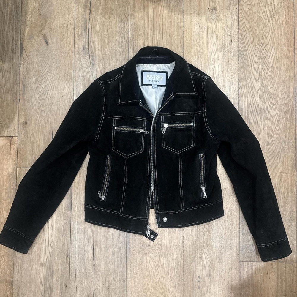 Wilsons Leather Black Suede Jacket with White Stitching